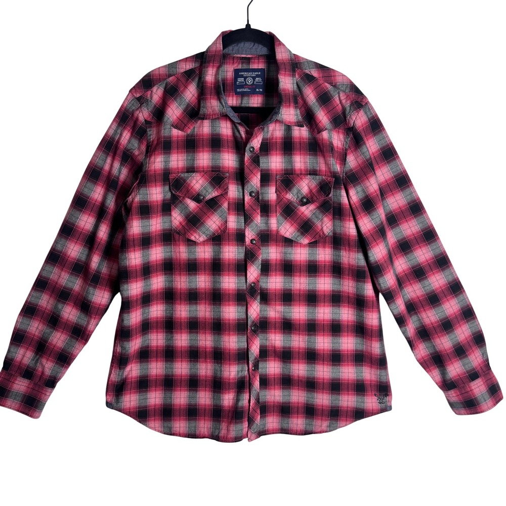 American Eagle Vintage Fit Pearl Snap Western Shirt Plaid Pink XL Mens